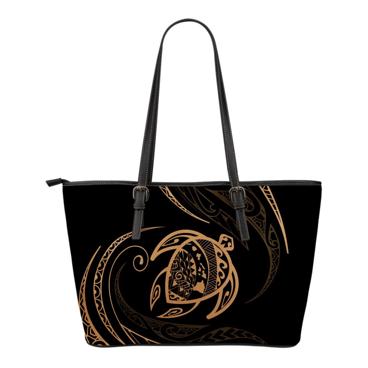 Hawaii Turtle Small Leather Tote - Gold - Frida Style Black - Polynesian Pride