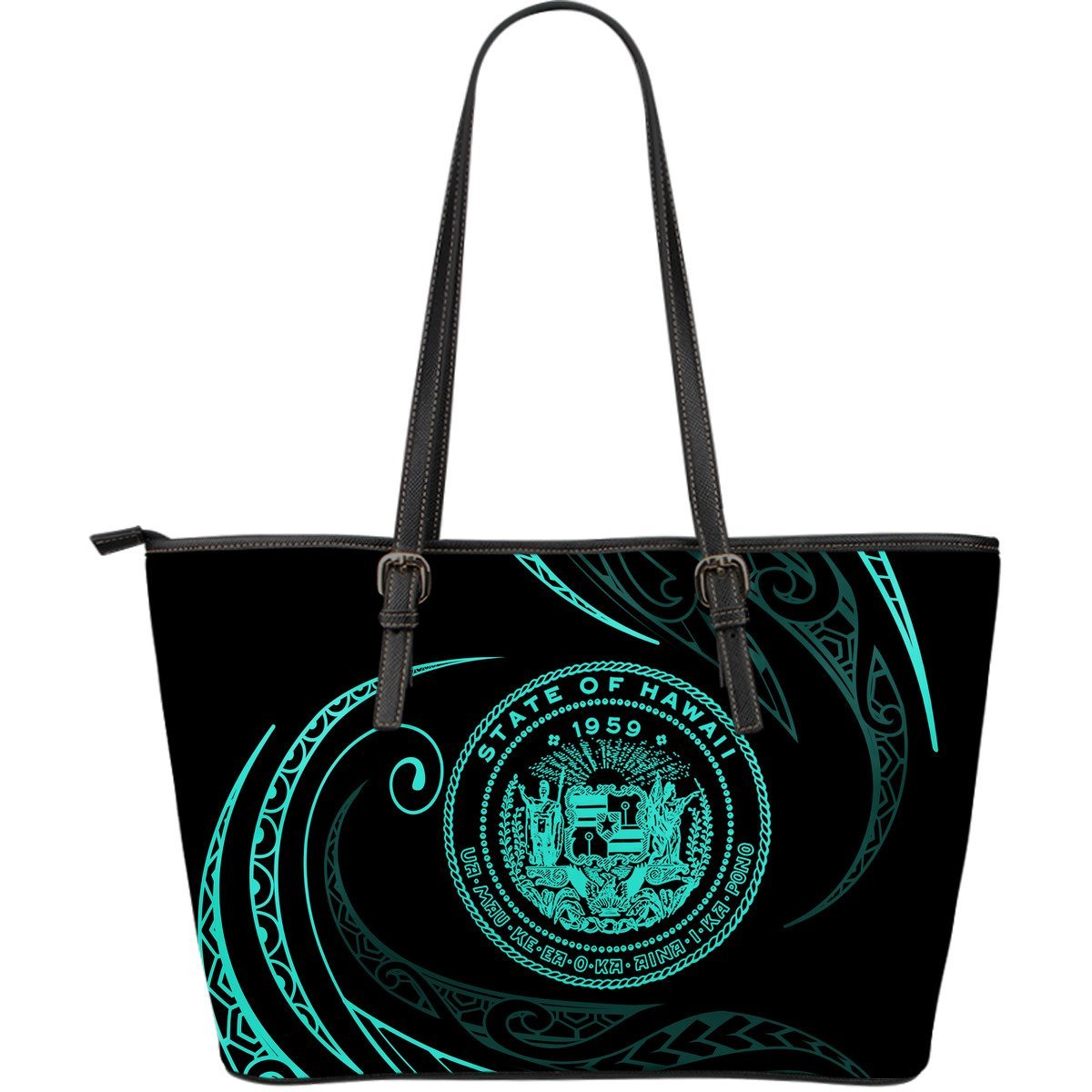 Hawaii Coat Of Arms Large Leather Tote - Turquoise - Frida Style Black - Polynesian Pride