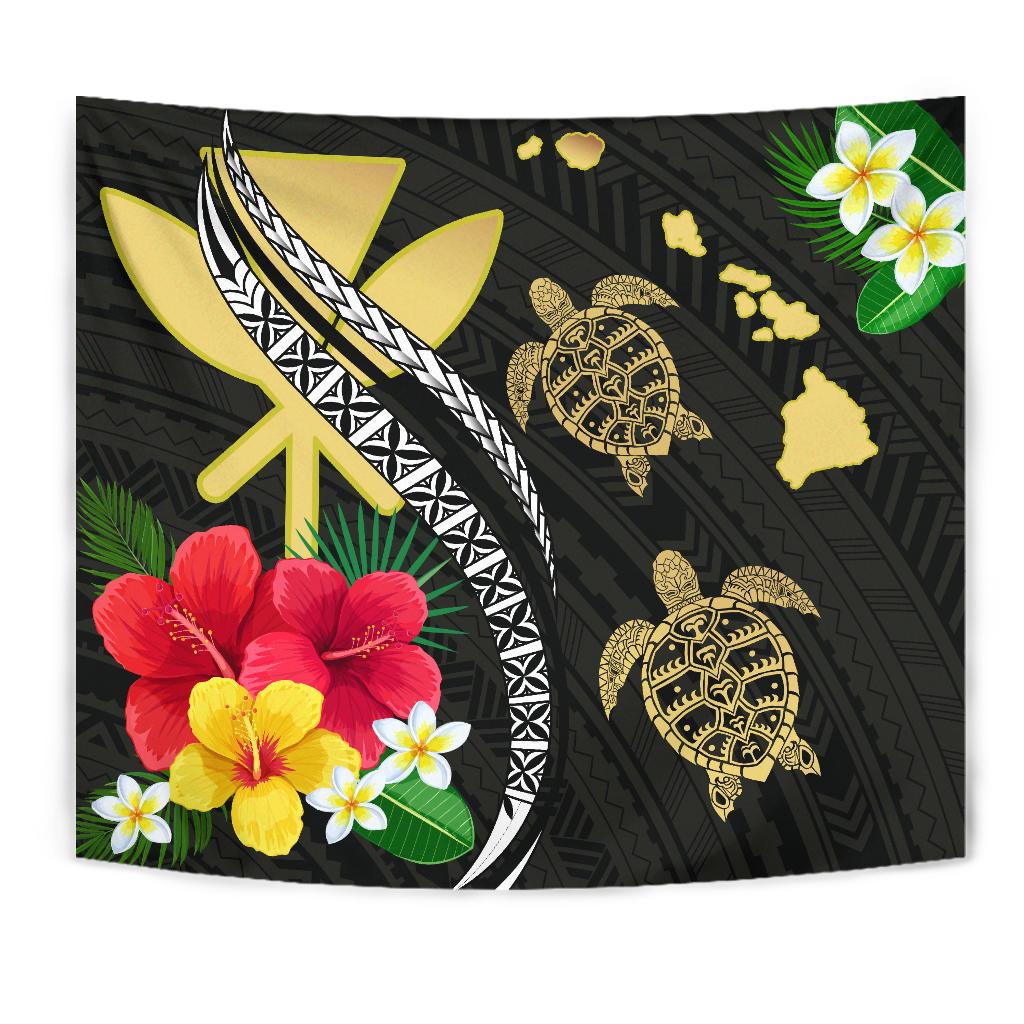 Hawaii Map Turtle Hibiscus Plumeria Polynesian - Tapestry AH - Polynesian Pride