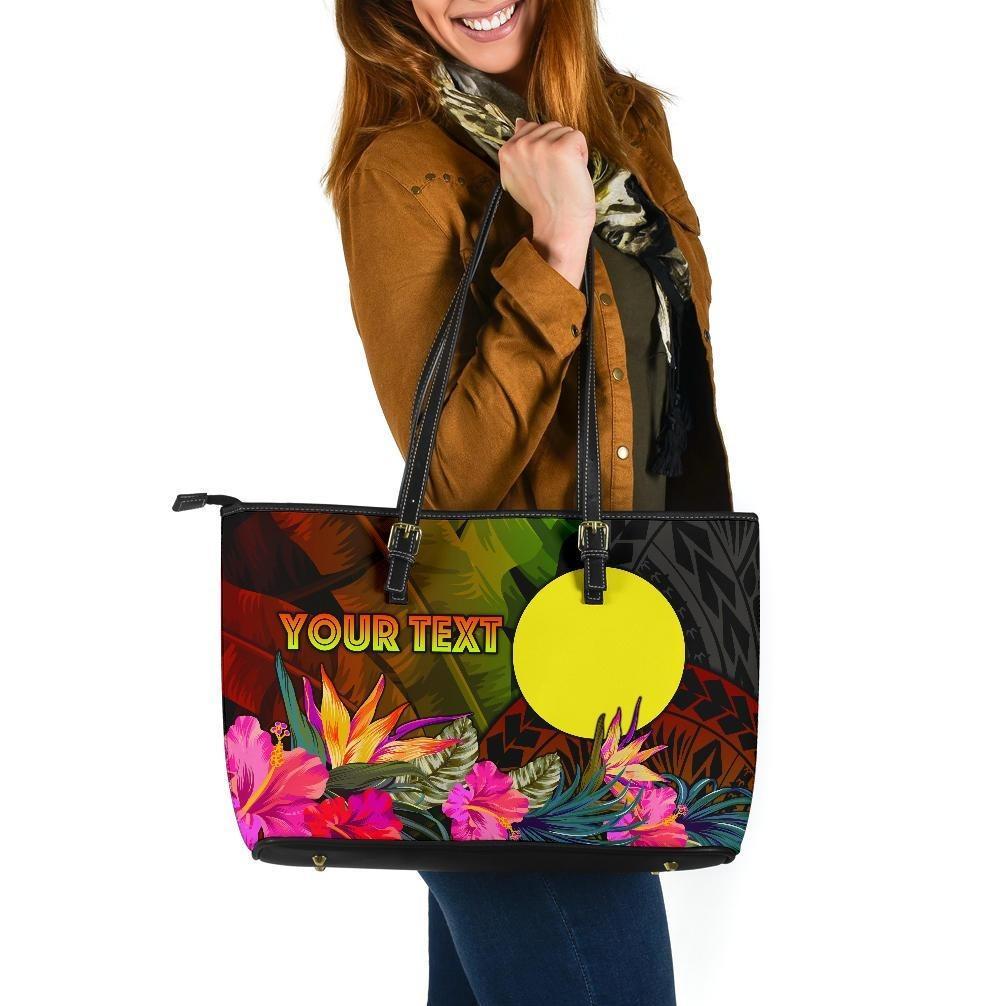 Palau Polynesian Personalised Large Leather Tote Bag - Hibiscus and Banana Leaves Reggae - Polynesian Pride