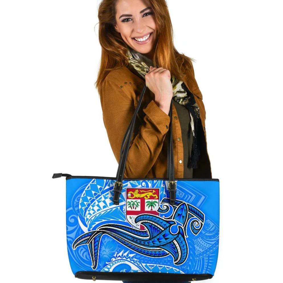 Fiji Large Leather Tote Bag - Blue Shark Polynesian Tattoo Blue - Polynesian Pride