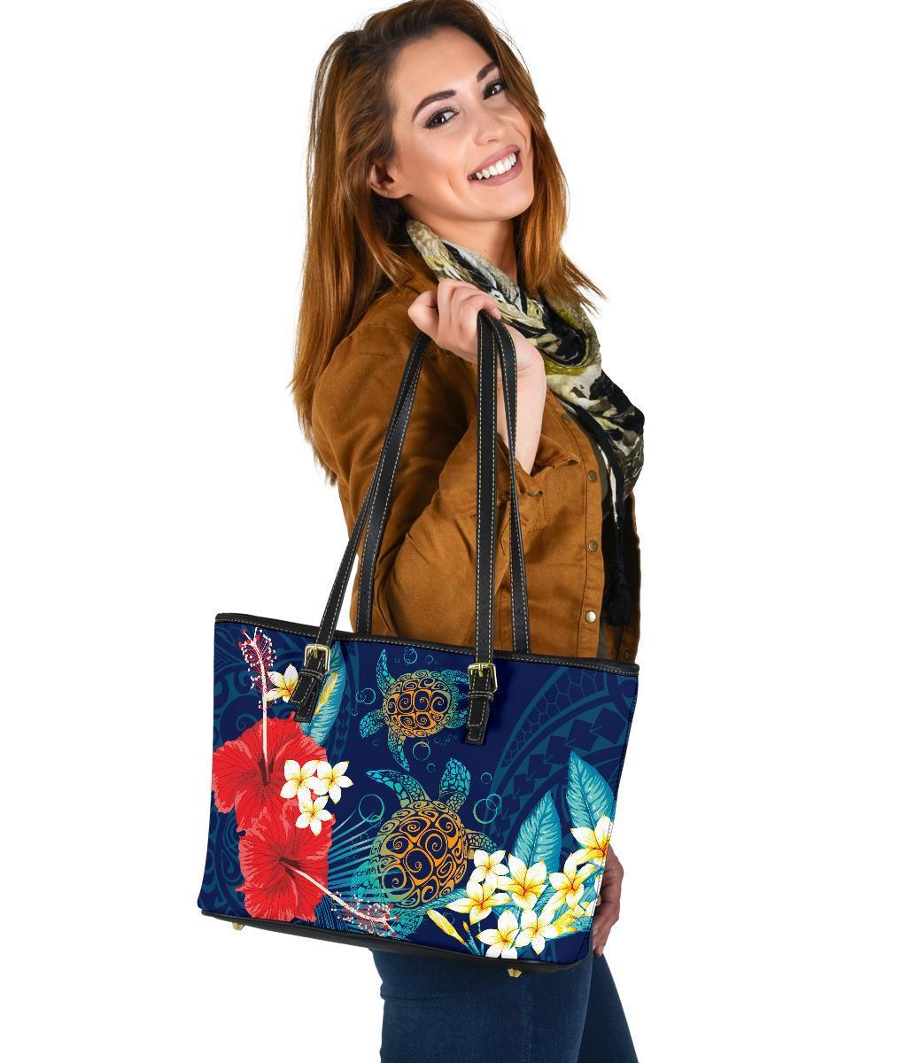 Hawaii Turtle Hibiscus Polynesian Small Leather Tote Bag - Blue - Edna Style - AH Blue - Polynesian Pride