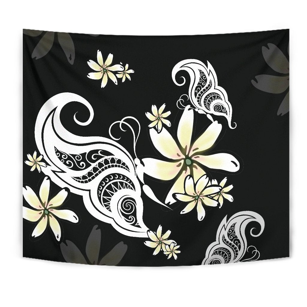 Plumeria Butterfly Tapestry Wall Tapestry Black - Polynesian Pride