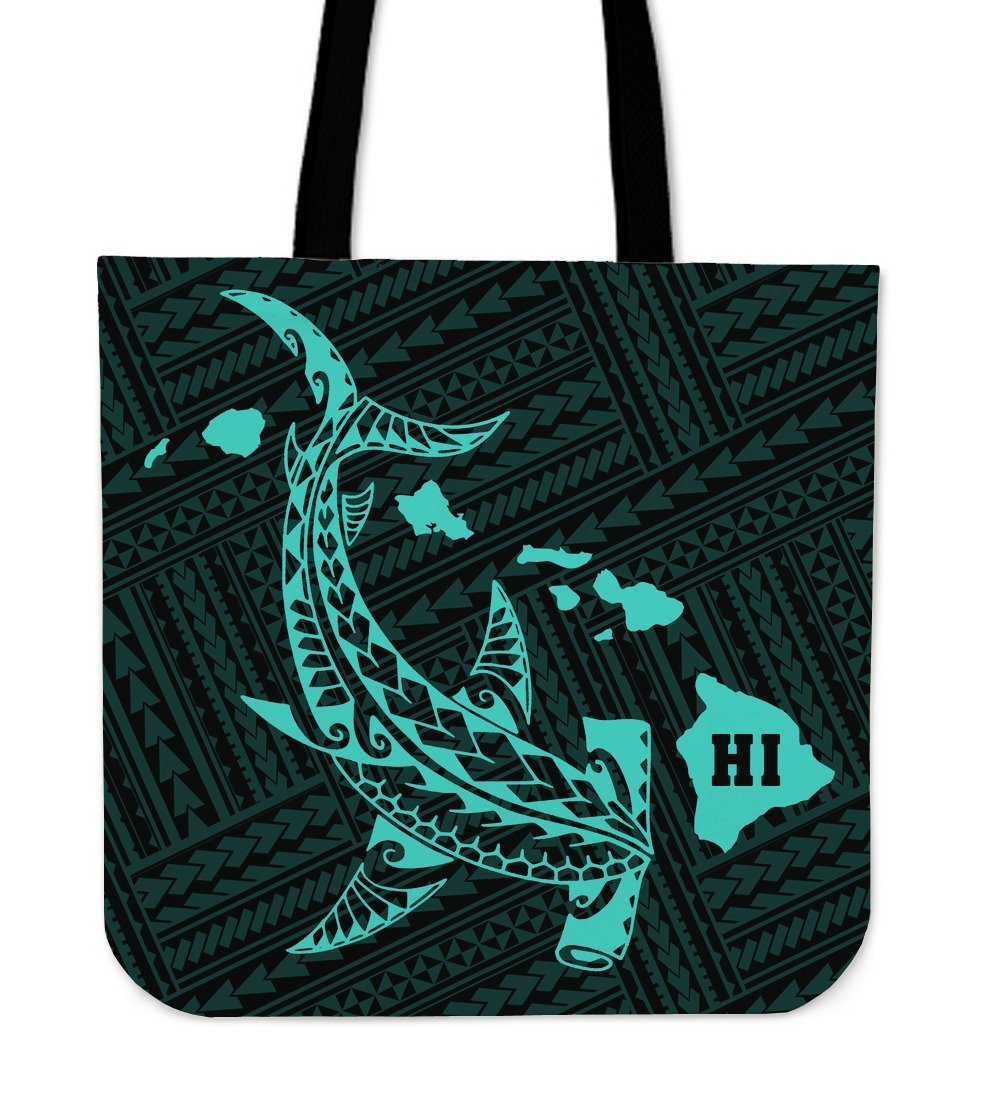 Hawaii Shark Turquoise Polynesian Tote Bag Tote Bag One Size Turquoise - Polynesian Pride