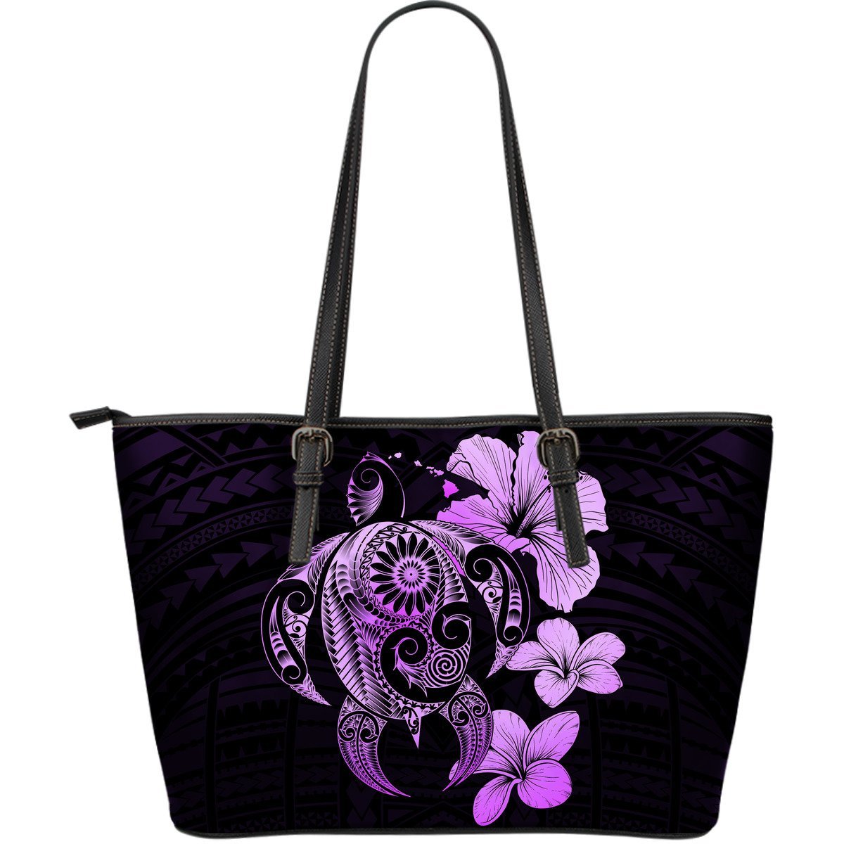 Hibiscus Plumeria Mix Polynesian Violet Turtle Large Leather Tote Violet - Polynesian Pride