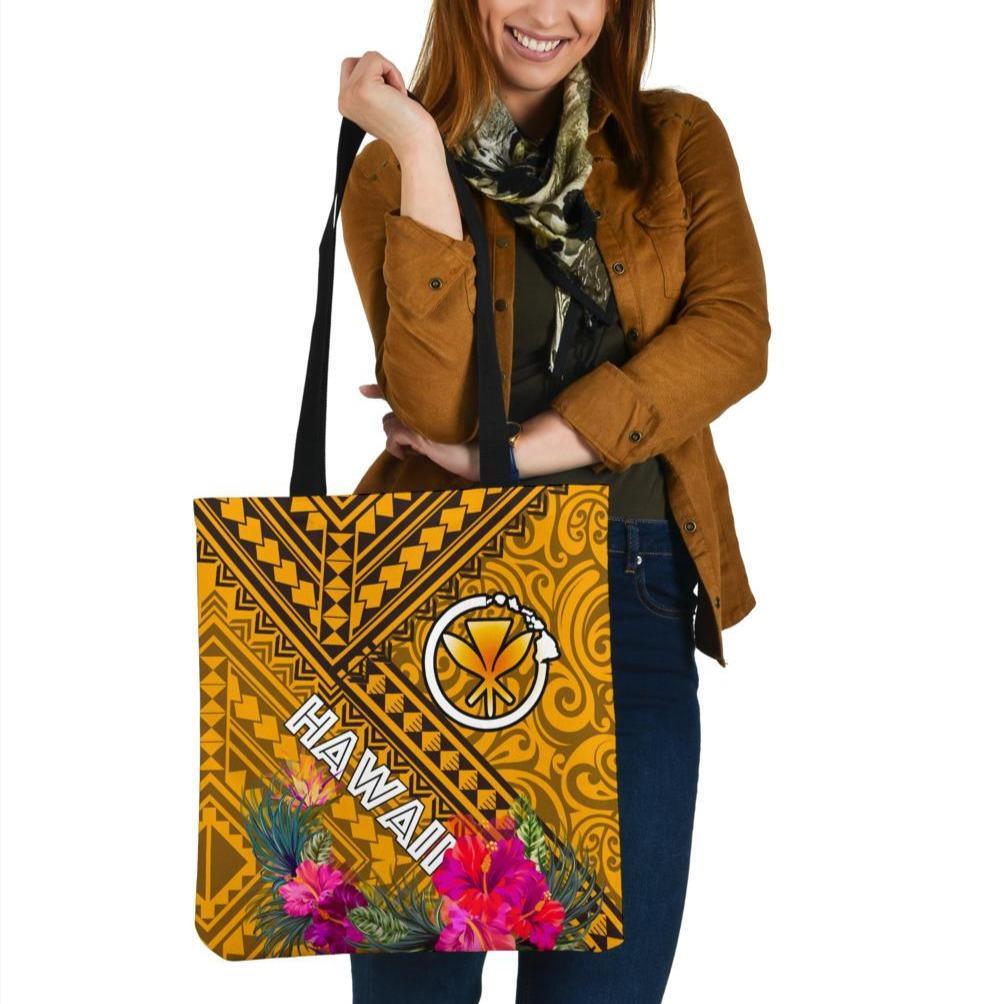 Hawaii Tote Bags - Kanaka Maoli With Hibiscus On Polynesian Patterns (YELLOW) Tote Bag One Size Yellow - Polynesian Pride