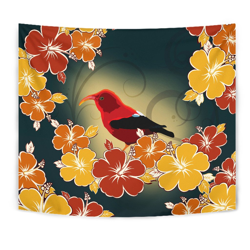 Honeycreeper Hibiscus Tapestry Wall Tapestry Black - Polynesian Pride