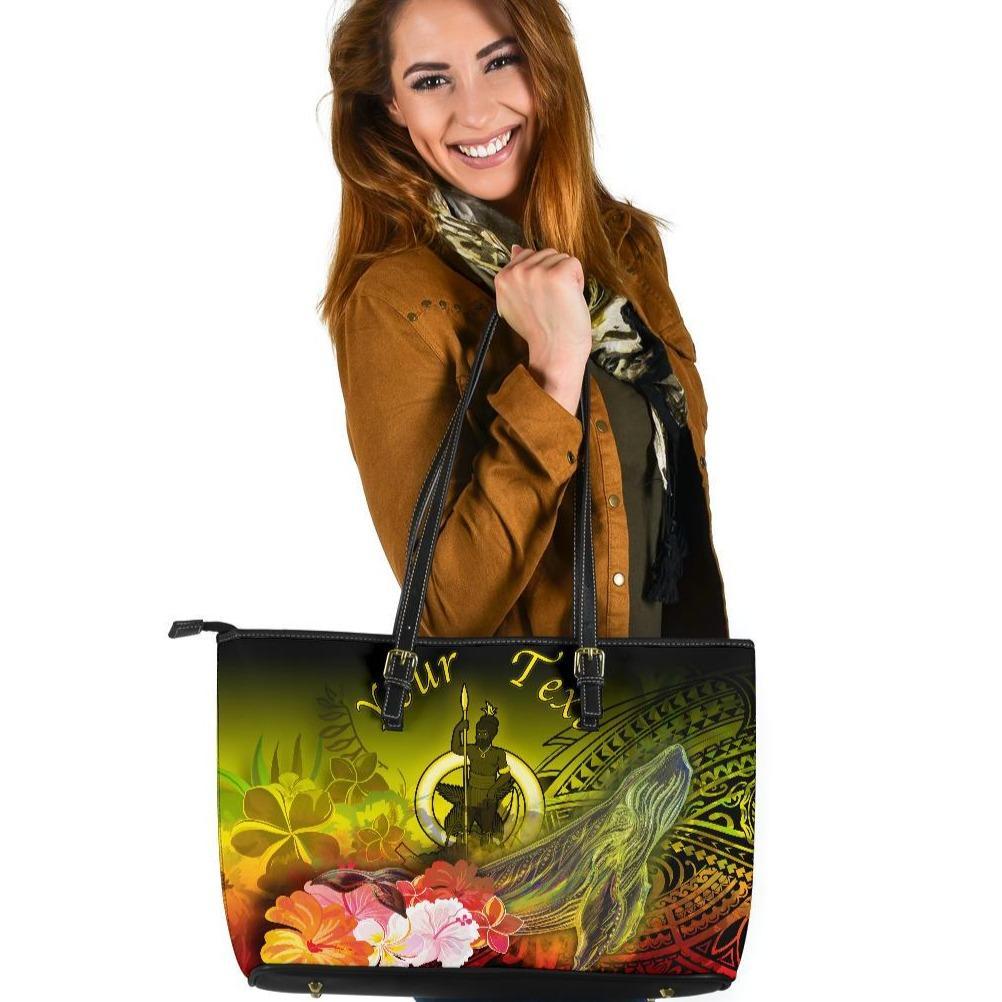 Vanuatu Custom Personalised Large Leather Tote Bag - Humpback Whale with Tropical Flowers (Yellow) Yellow - Polynesian Pride