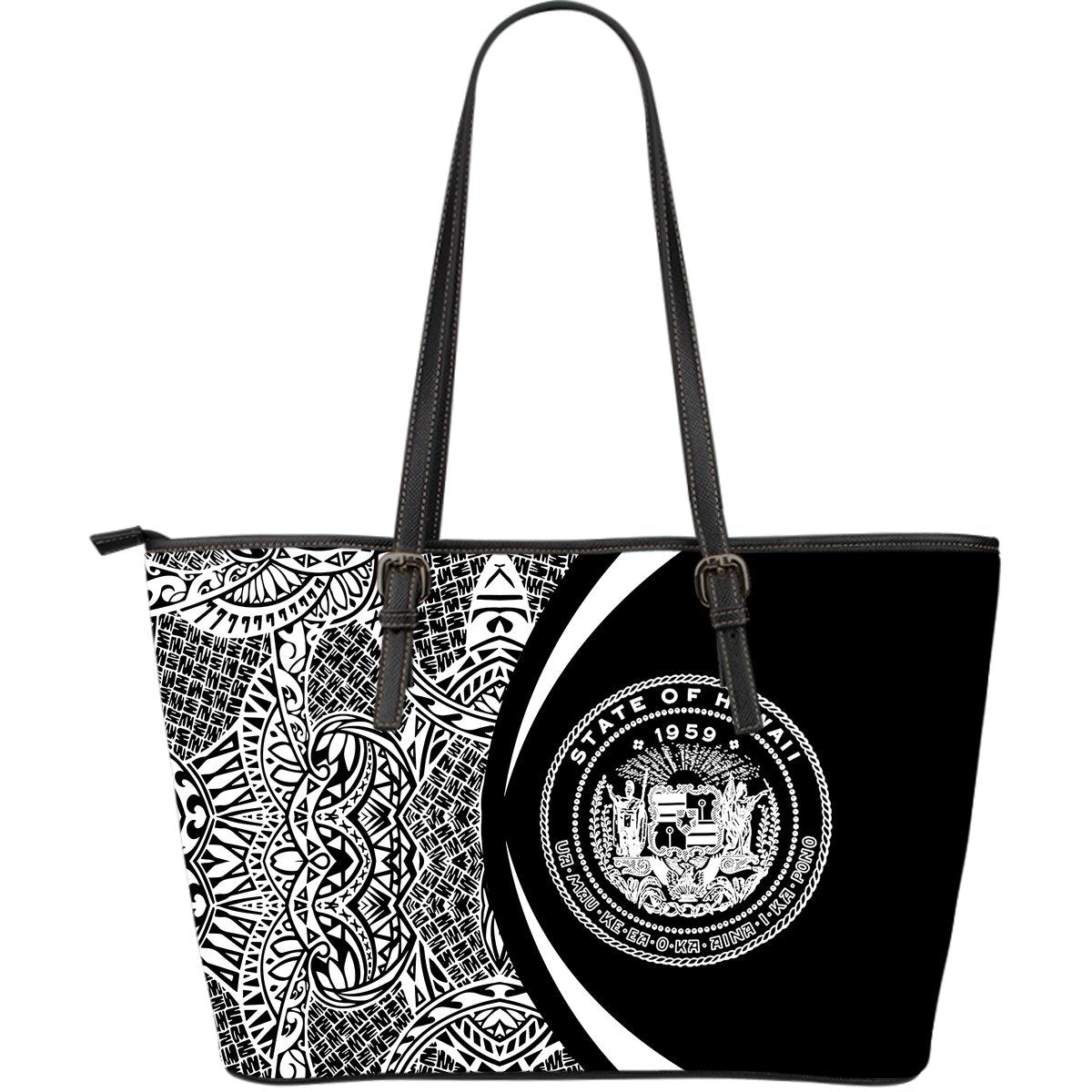 Hawaii Coat Of Arms Large Leather Tote - Circle Style White - Polynesian Pride