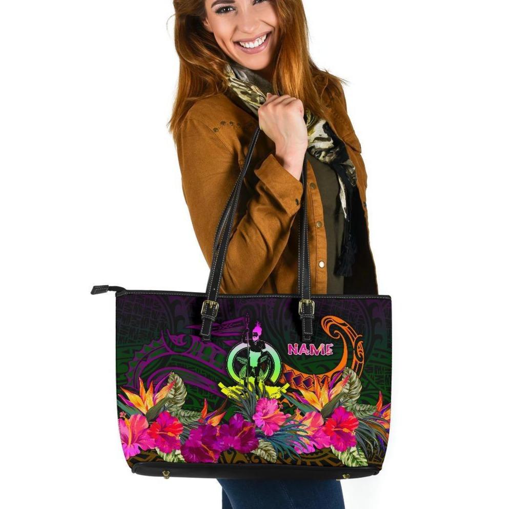 Vanuatu Personalised Large Leather Tote Bag - Summer Hibiscus Reggae - Polynesian Pride