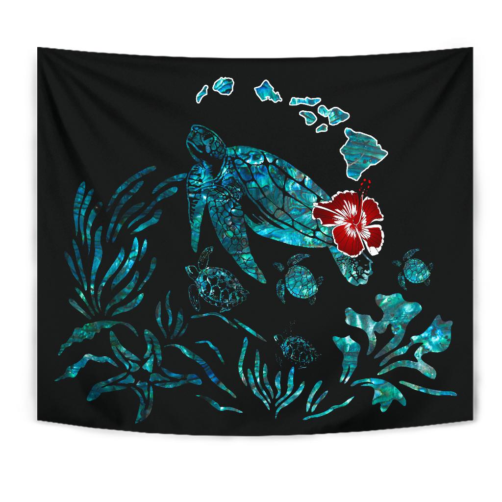 Hawaii Ohana Honu Paua Shell Tapestry Wall Tapestry Black - Polynesian Pride