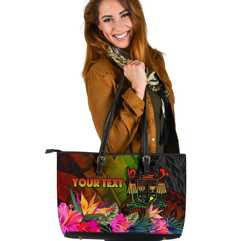 Fiji Polynesian Personalised Large Leather Tote Bag - Hibiscus and Banana Leaves Tote Bag One Size Reggae - Polynesian Pride