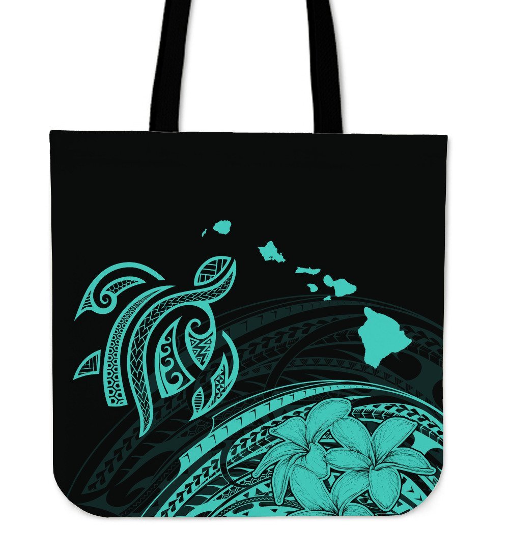 Hawaii Map Plumeria Polynesian Turquoise Turtle Tote Bag Tote Bag One Size Turquoise - Polynesian Pride
