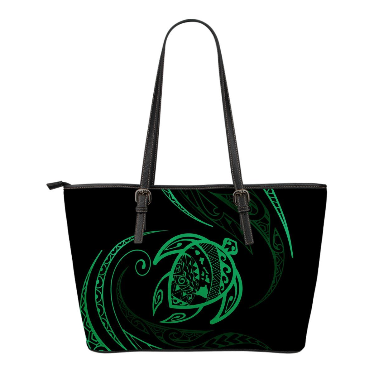 Hawaii Turtle Small Leather Tote - Green - Frida Style Black - Polynesian Pride