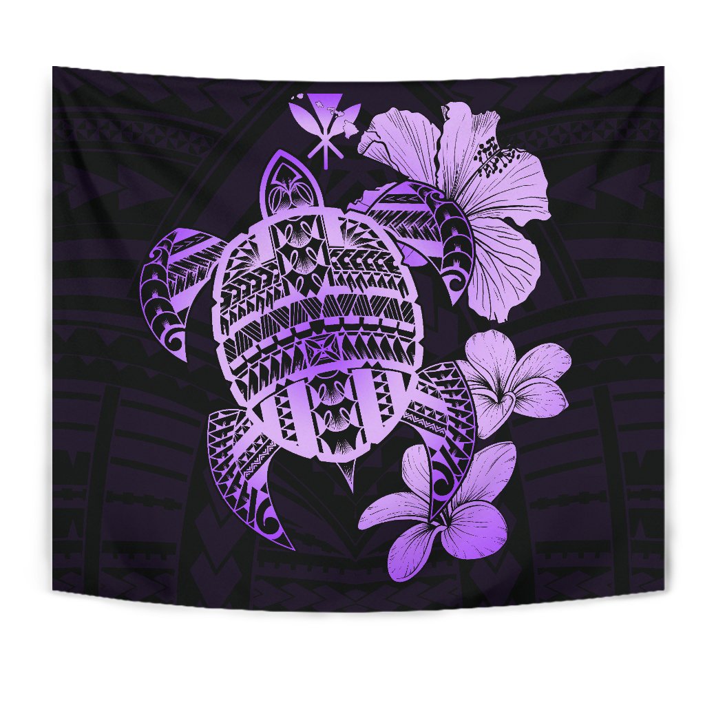 Hawaiian Kanaka Hibiscus Plumeria Mix Polynesian Turtle Tapestry Violet AH Wall Tapestry Violet - Polynesian Pride