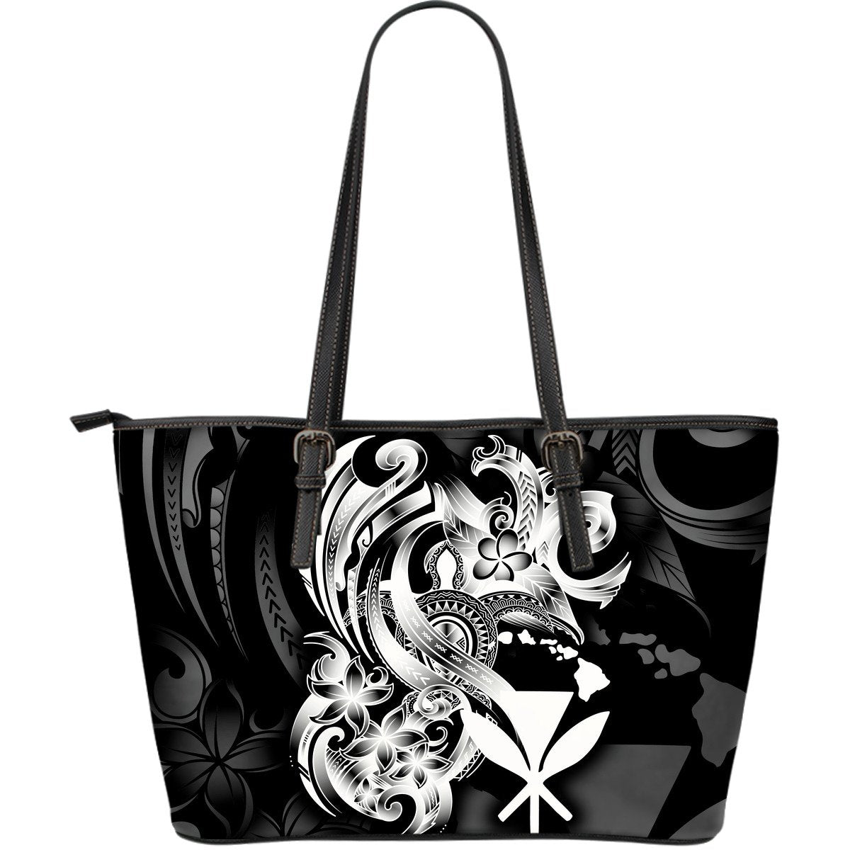 Polynesian Hawaii Leather Tote Bag - Kanaka Maoli White Turtle Black - White - Polynesian Pride