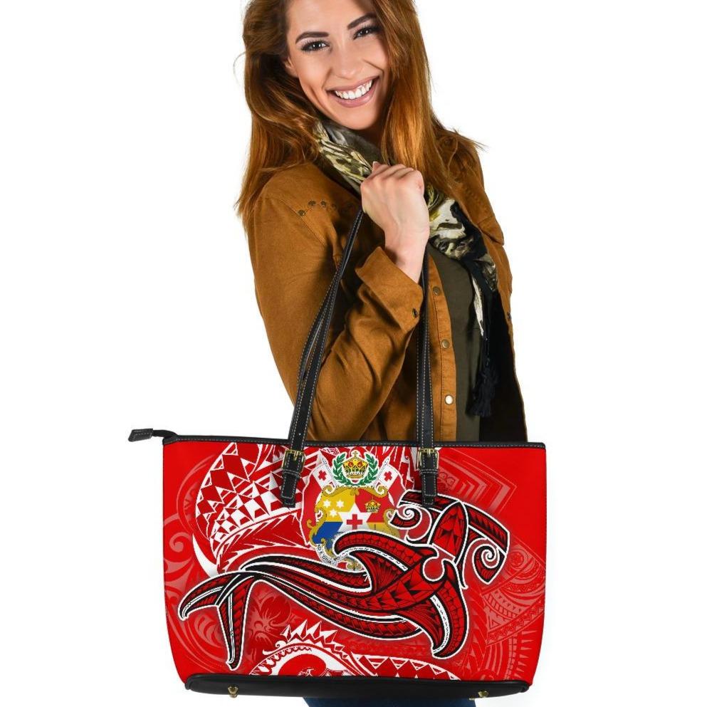 Tonga Leather Tote Bag - Red Shark Polynesian Tattoo Red - Polynesian Pride