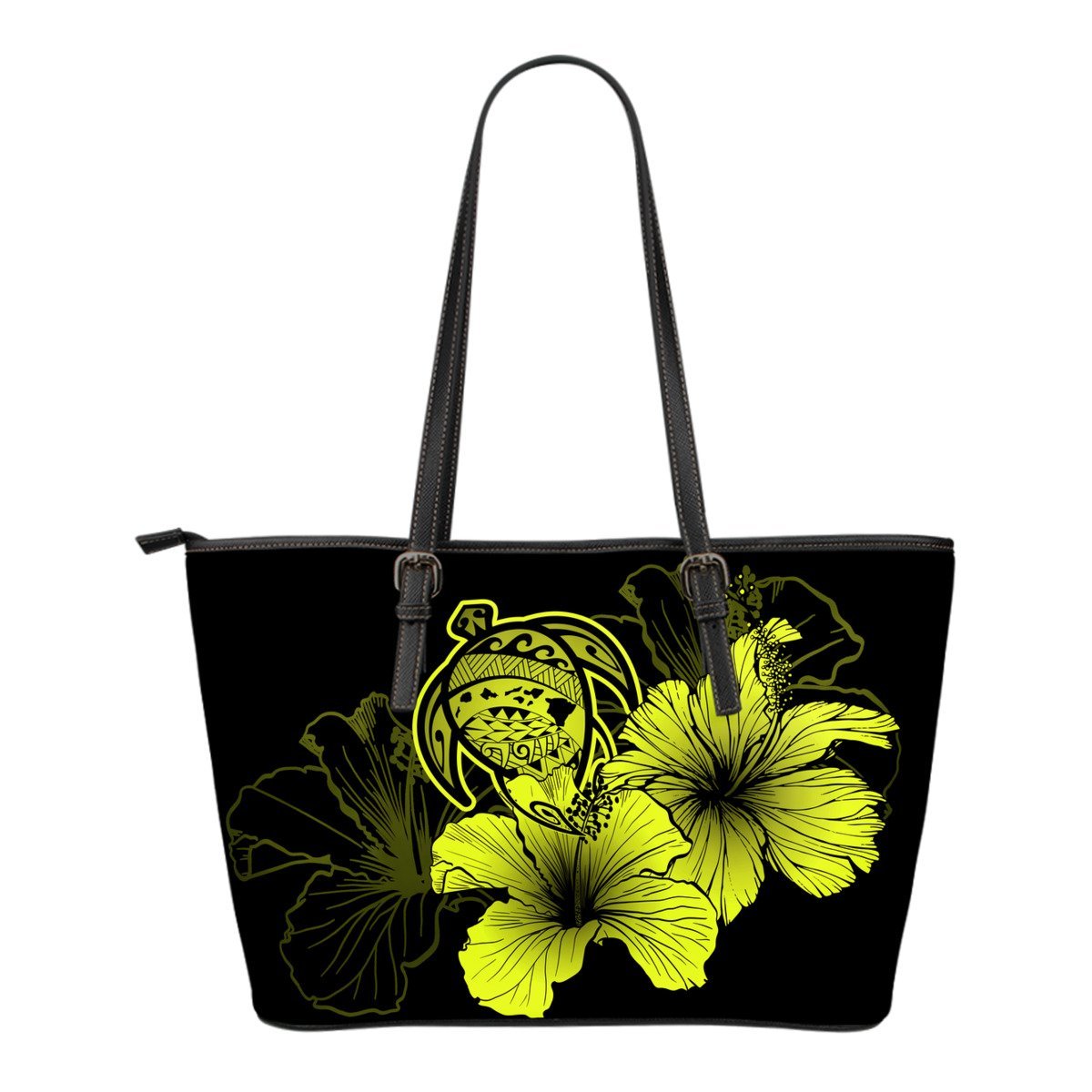 Hawaii Hibiscus Small Leather Tote Bag - Turtle Map - Yellow Yellow - Polynesian Pride