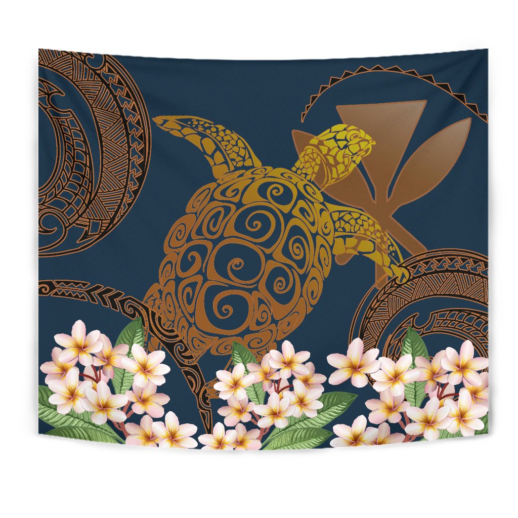 Hawaii Turtle Plumeria Polynesian Kanaka Map - Blue Style - Tapestry AH Wall Tapestry Blue - Polynesian Pride