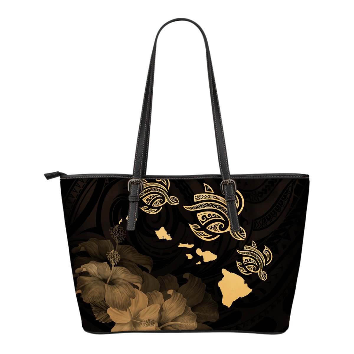 Hawaii Hibiscus Map Polynesian Ancient Gold Turtle Small Leather Tote Gold - Polynesian Pride