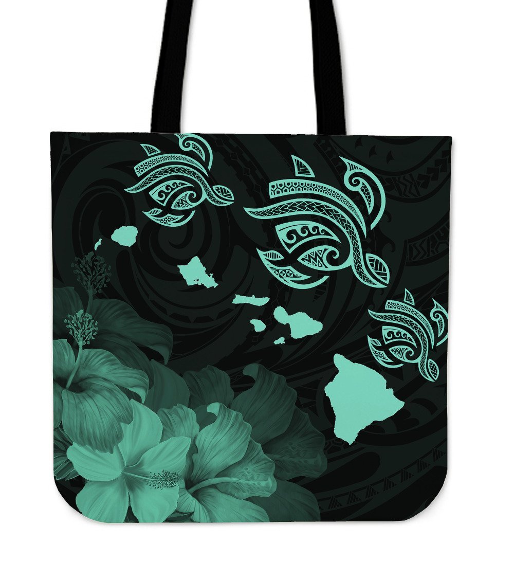 Hawaii Hibiscus Map Polynesian Ancient Turquoise Turtle Tote Bag Tote Bag One Size Turquoise - Polynesian Pride