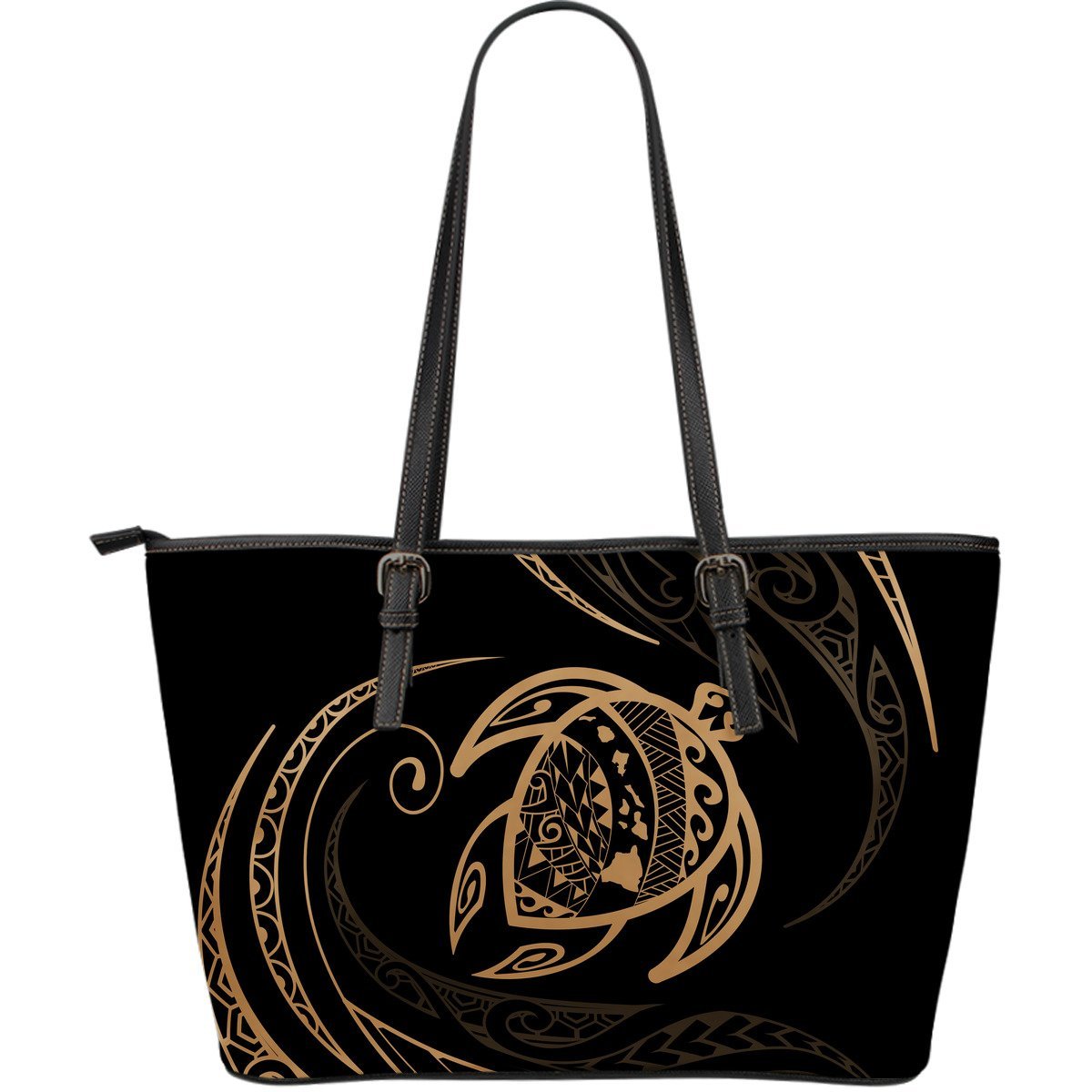 Hawaii Turtle Large Leather Tote - Gold - Frida Style Black - Polynesian Pride