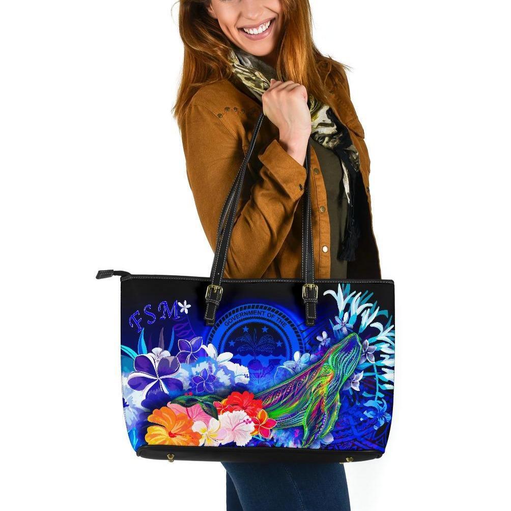 Federated States of Micronesia Large Leather Tote Bag - Humpback Whale with Tropical Flowers (Blue) Blue - Polynesian Pride