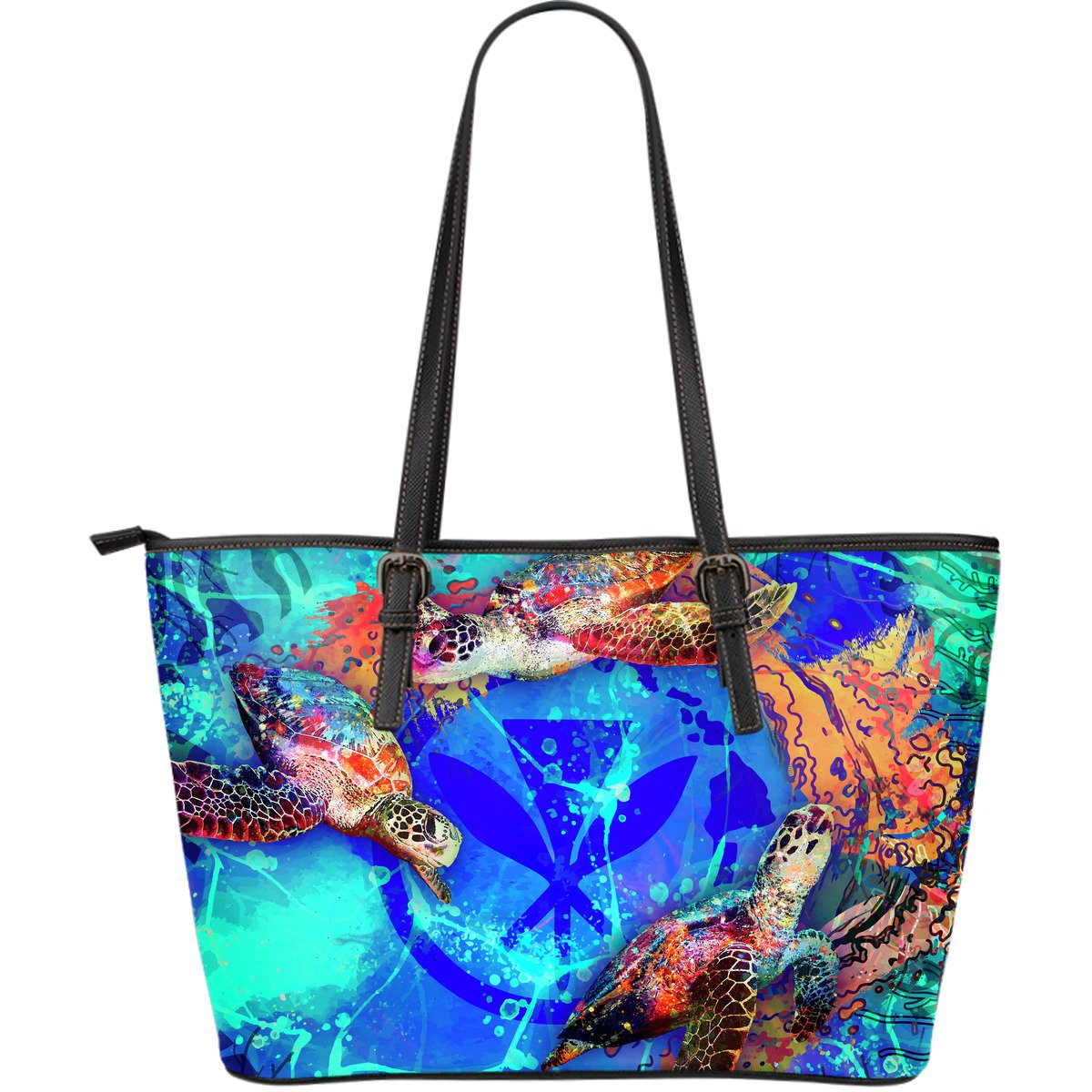 Polynesian Hawaii Leather Tote Bag - Coral Treasure Blue - Polynesian Pride