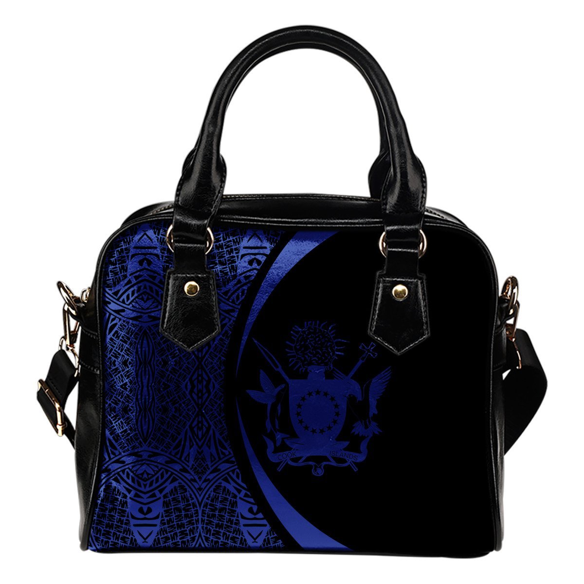 Cook Islands Coat Of Arms Polynesian Shoulder Handbag - Circle Style - 04 One Size Black And Blue - Polynesian Pride