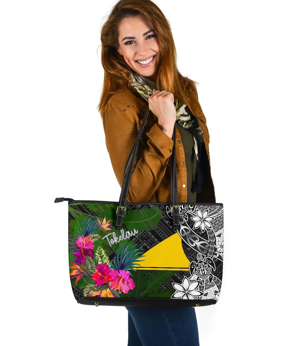 Tokelau Large Leather Tote Bag - Turtle Plumeria Banana Leaf Black - Polynesian Pride