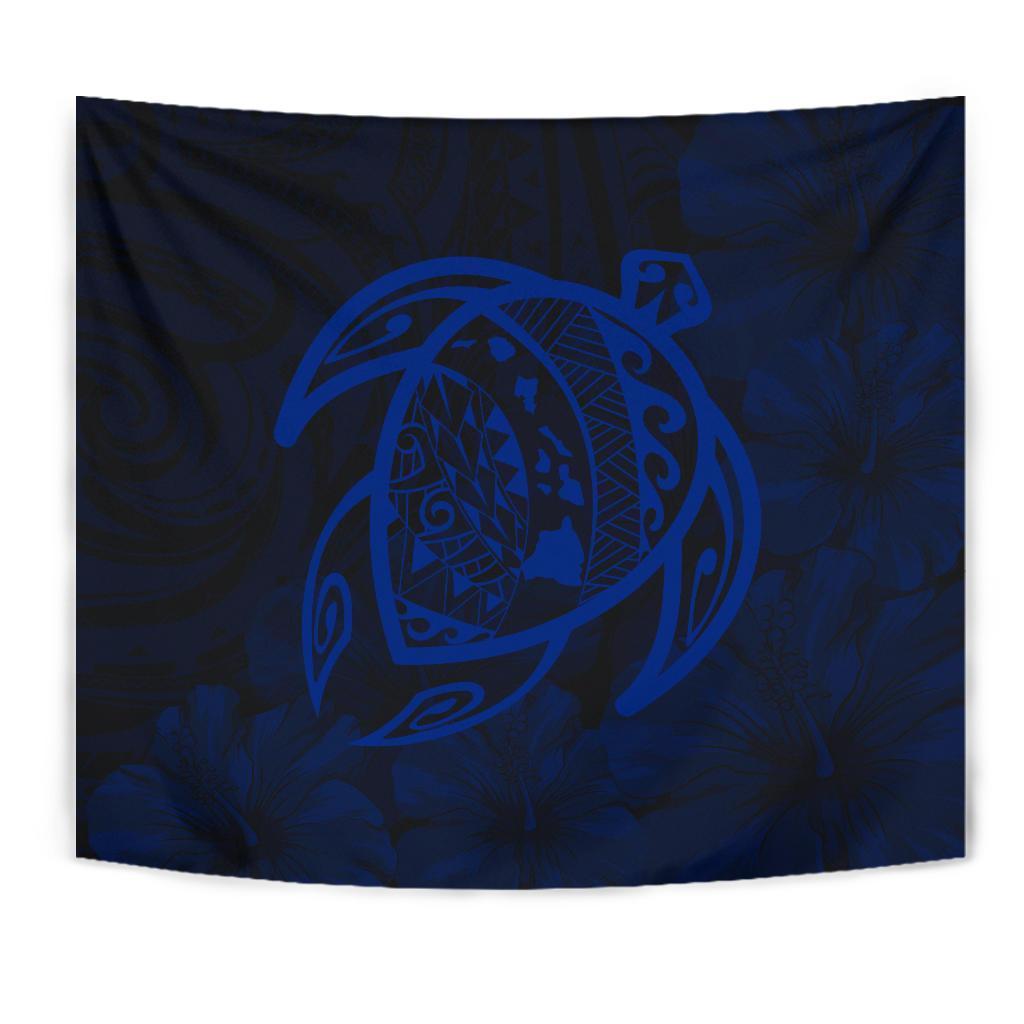 Hawaii Turtle Kanaka Map Hibiscus Poly Tapestry - Blue - Polynesian Pride