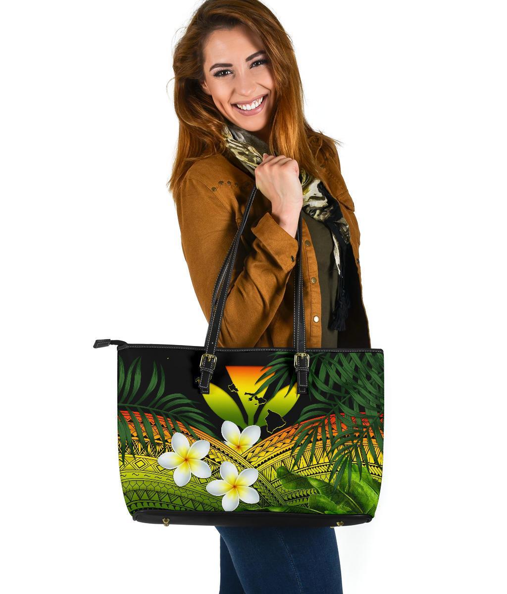 Kanaka Maoli (Hawaiian) Leather Tote Bag, Polynesian Plumeria Banana Leaves Reggae - Polynesian Pride