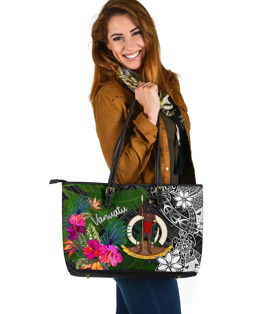 Vanuatu Large Leather Tote Bag - Turtle Plumeria Banana Leaf Black - Polynesian Pride