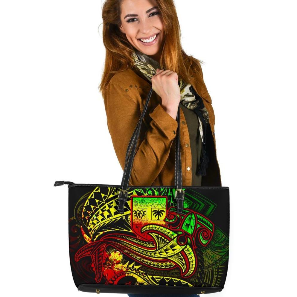 Fiji Large Leather Tote Bag - Reggae Shark Polynesian Tattoo Reggae - Polynesian Pride