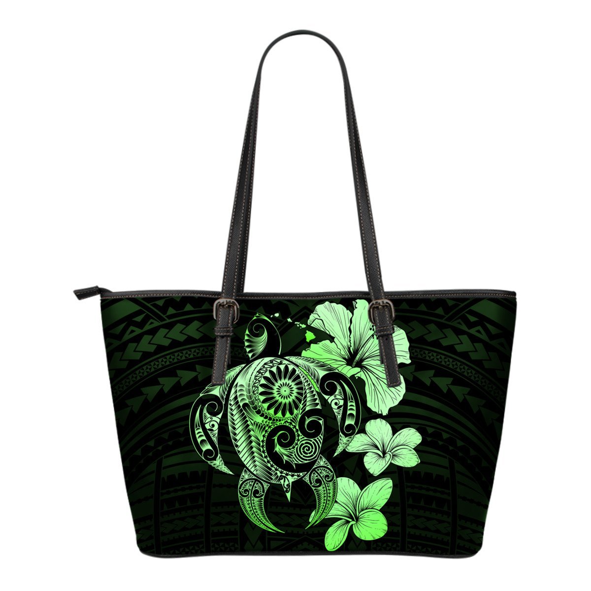 Hibiscus Plumeria Mix Polynesian Green Turtle Small Leather Tote Green - Polynesian Pride