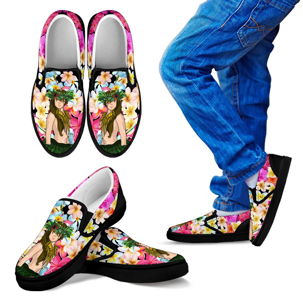 Hawaii Plumeria Hula Girl Slip Ons Kid's Slip Ons Black - Polynesian Pride