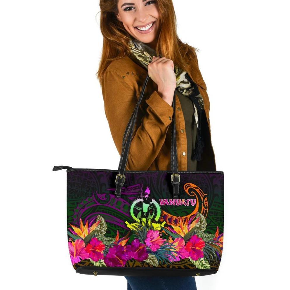 Vanuatu Large Leather Tote Bag - Summer Hibiscus Reggae - Polynesian Pride