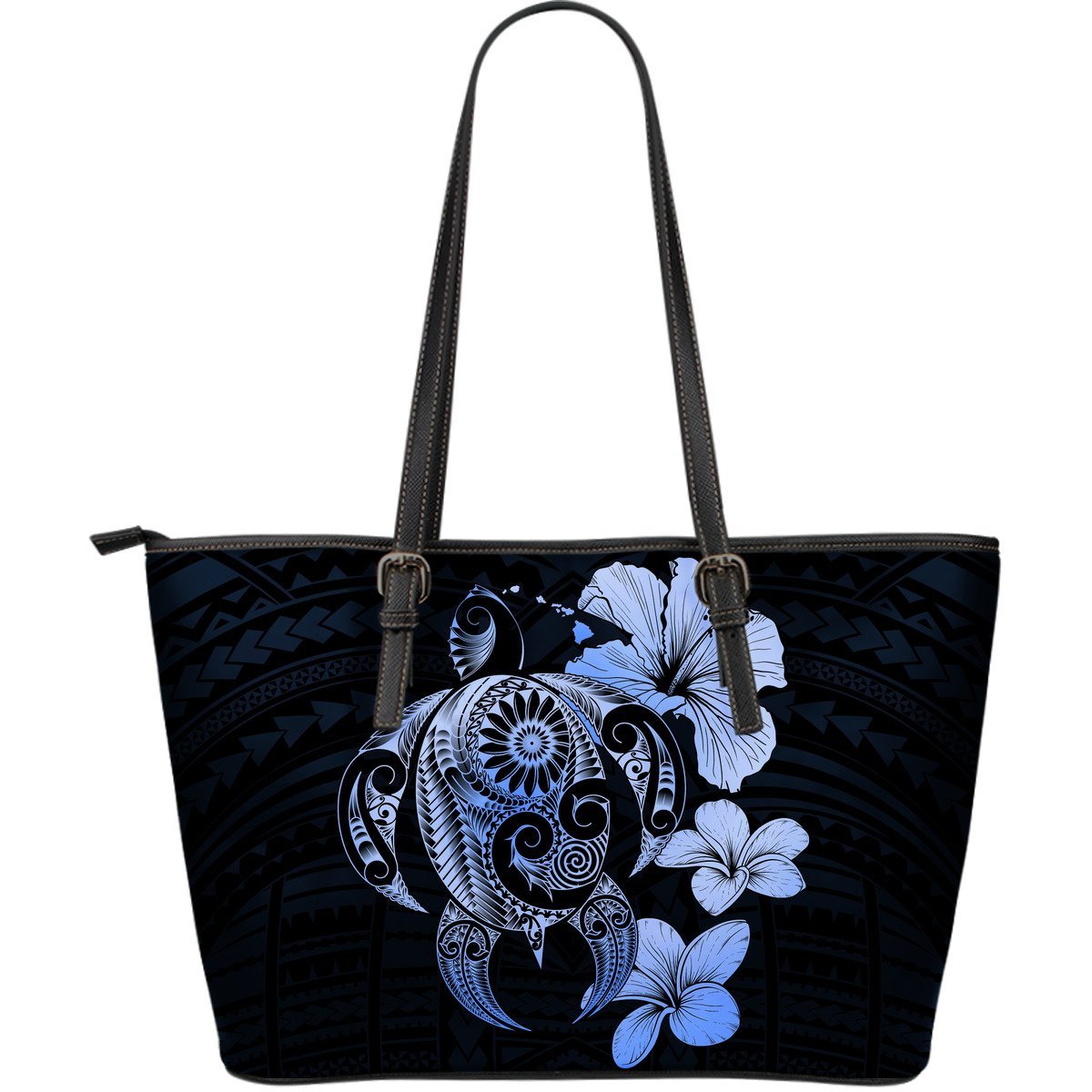 Hibiscus Plumeria Mix Polynesian Blue Turtle Large Leather Tote Blue - Polynesian Pride