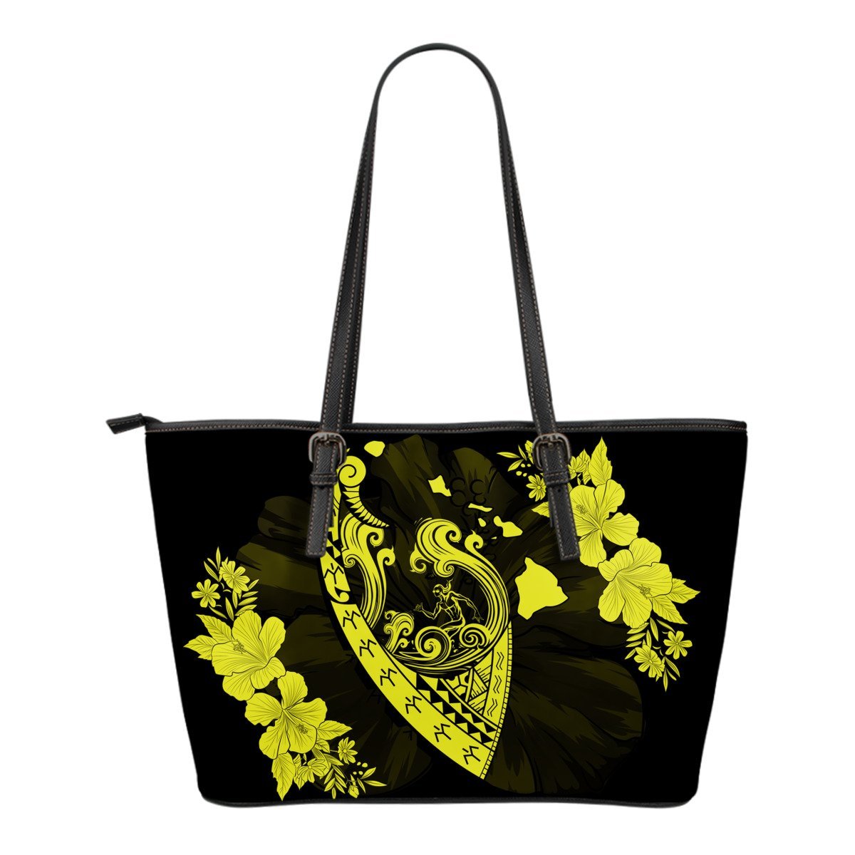 Hawaii Hibiscus Banzai Surfing Small Leather Tote Bag Yellow Yellow - Polynesian Pride