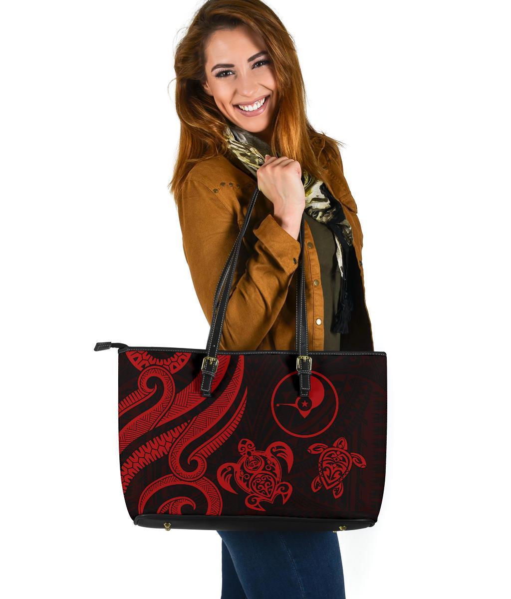 Yap Micronesian Large Leather Tote Bag - Gold Tentacle Turtle Red - Polynesian Pride