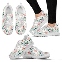 Hawaii Tropical Pattern With Orchids, Leaves And Gold Chains. Sneakers - Polynesian Pride