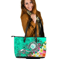 Hawaii Polynesian Large Leather Tote Bag - Hawaii Seal With Turtle Plumeria (Turquoise) Turquoise - Polynesian Pride