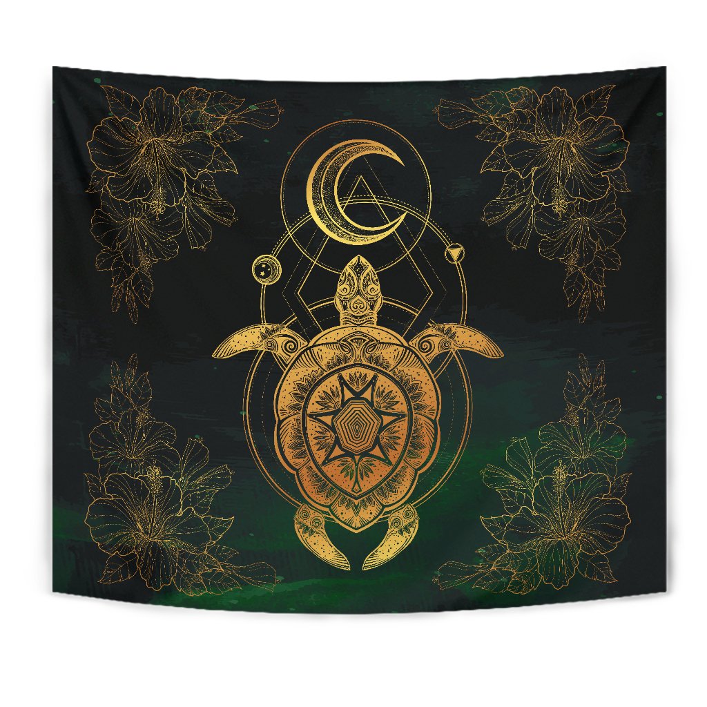 Turtle Hibiscus Golden Galaxy Tapestry Wall Tapestry Green - Polynesian Pride