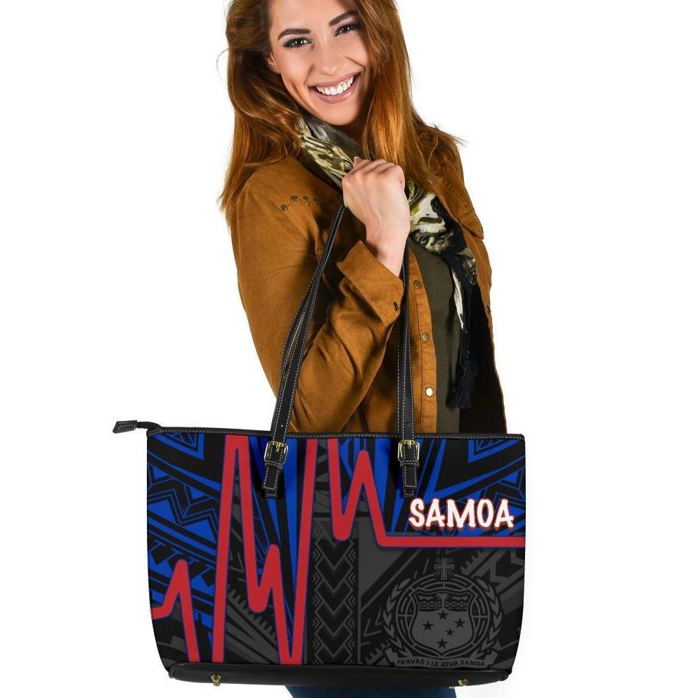 Samoa Large Leather Tote Bag - Samoa Coat Of Arms With Heartbeat Polynesian Patterns (Blue) Black - Polynesian Pride