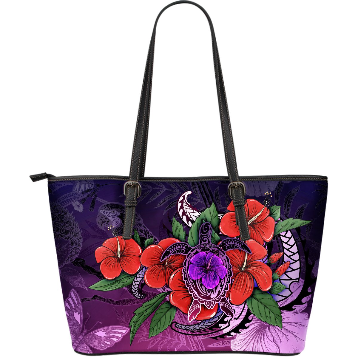 Polynesian Large Leather Tote Bag - Purple Hibiscus Turtle Flowing PURPLE - Polynesian Pride