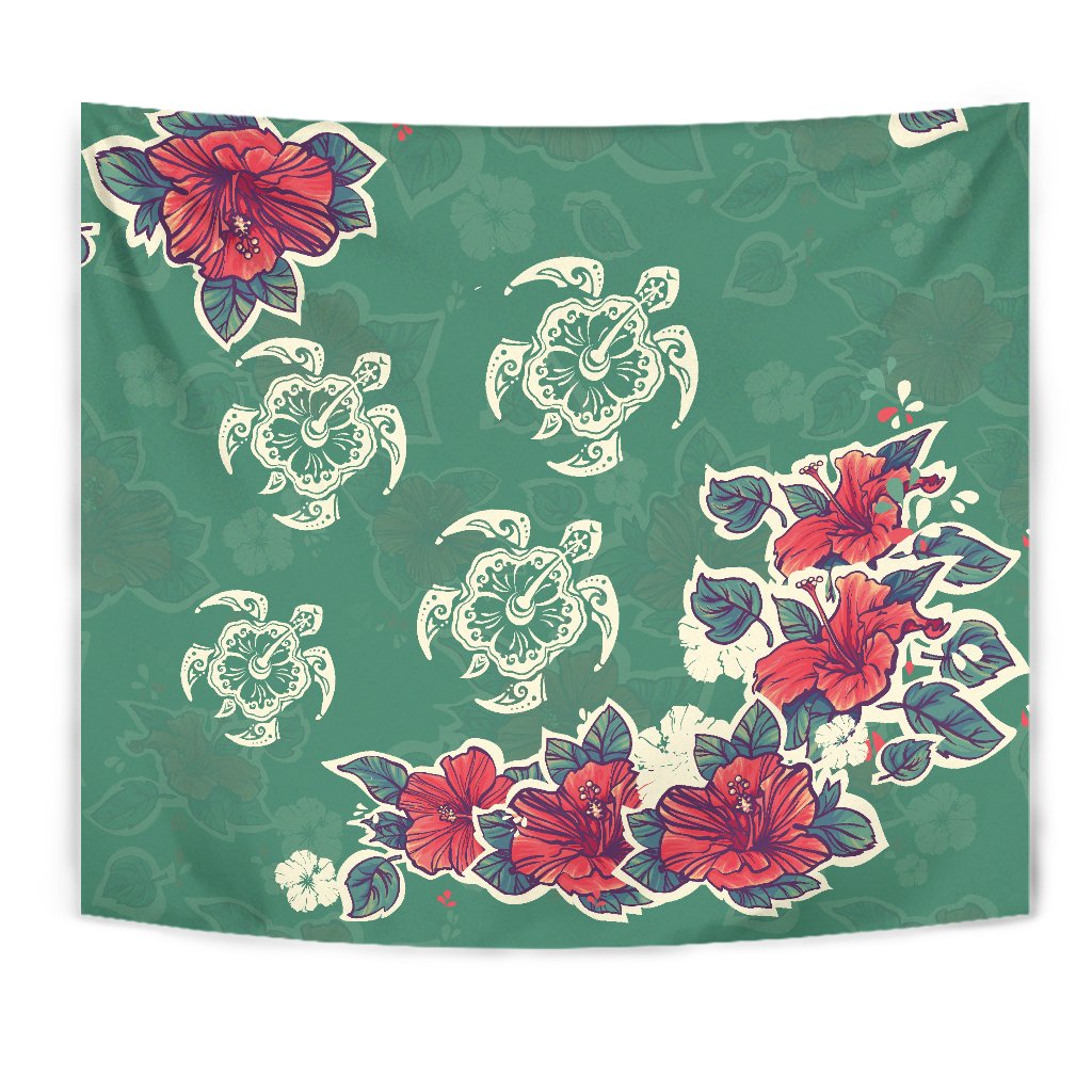 Turtle Hibiscus Red Tapestry Wall Tapestry Green - Polynesian Pride