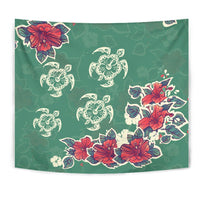 Turtle Hibiscus Red Tapestry Wall Tapestry Green - Polynesian Pride