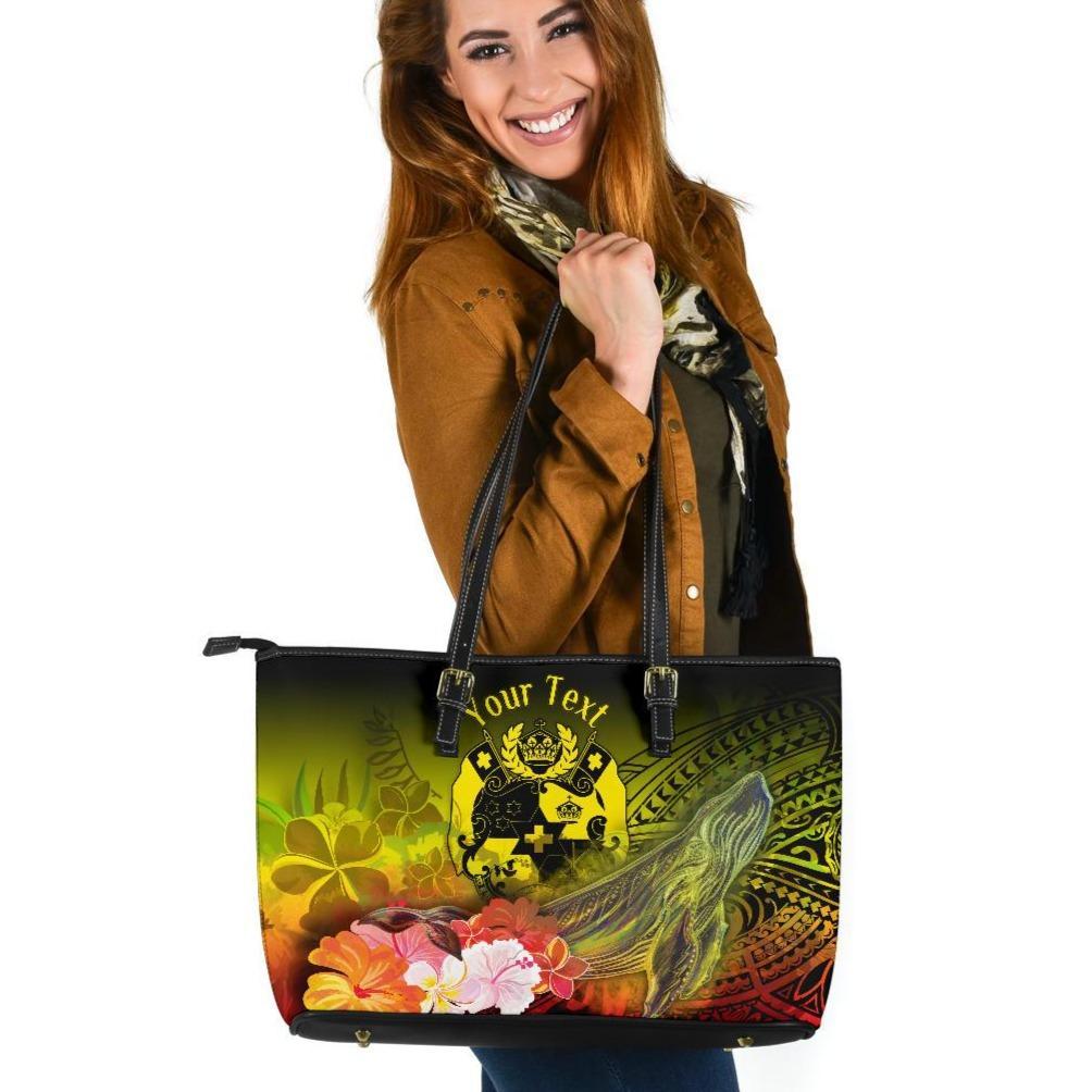 Tonga Custom Personalised Large Leather Tote Bag - Humpback Whale with Tropical Flowers (Yellow) Yellow - Polynesian Pride