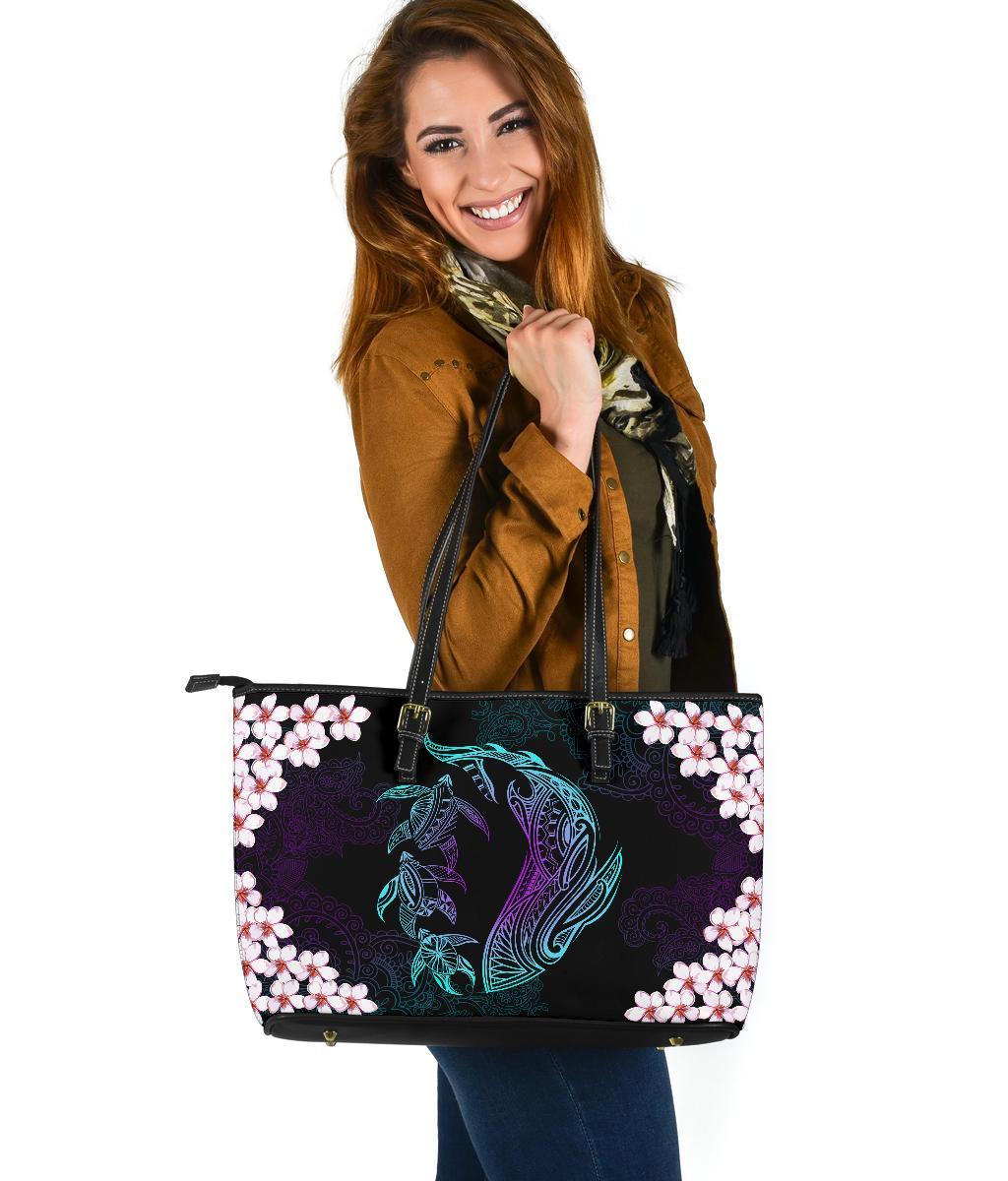 Hawaii Shark Turtle Plumeria Large Leather Tote Bag - Black - Zelda Style - AH Black - Polynesian Pride