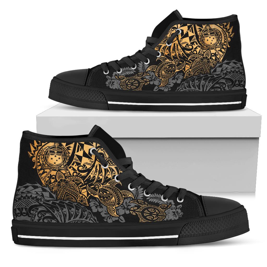 Samoa Polynesian High Top Shoes - Gold Turtle Flowing Unisex Black - Polynesian Pride